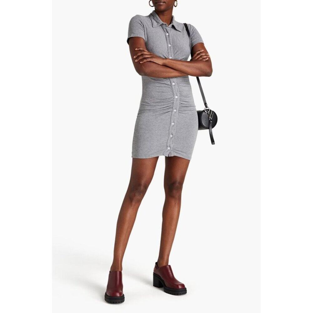 MONROW Mélange Ruched French Terry Mini Dress Gray Bodycon Stretch Small - Picture 2 of 7